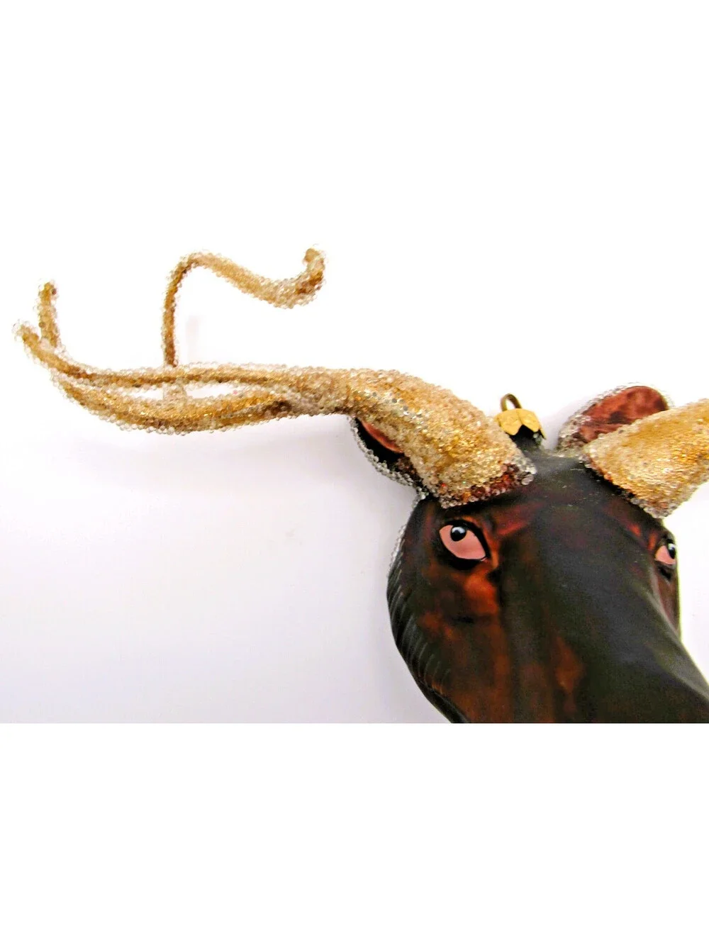 Large Vintage Sugared Blown-Glass Moose Head Christmas Tree Ornament